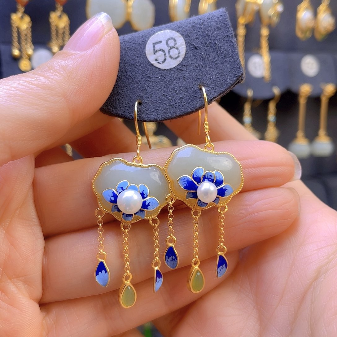 和田玉耳饰银S925镀金镶嵌