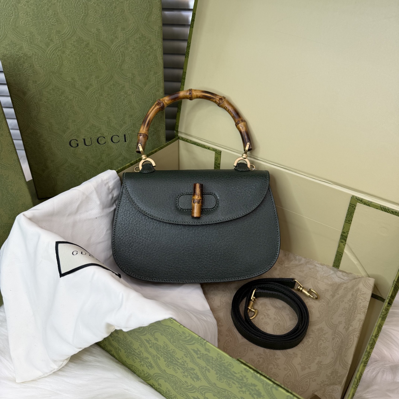 99新 GUCCI/古驰 Bamboo 1947 竹节手提包单肩包斜挎包