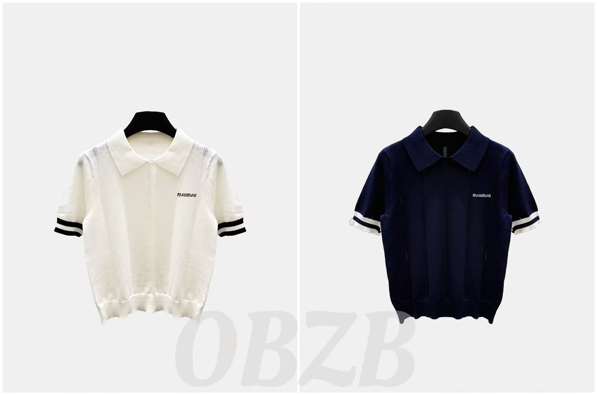 OBZB【M女款短袖】蓝白两色刺绣图案修身内搭外搭短袖5064