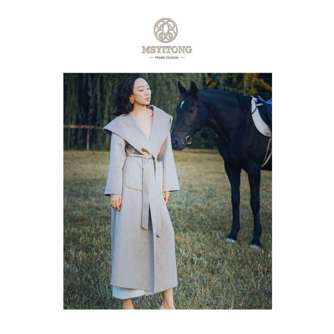 【MSYITONG高定】神仙领驼色兜帽长款气质大衣设计师秋冬系带