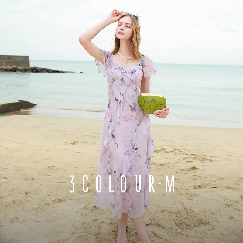 0839三彩2025夏季新款木耳边荷叶袖蝴蝶印花雪纺连衣裙大摆长dbx