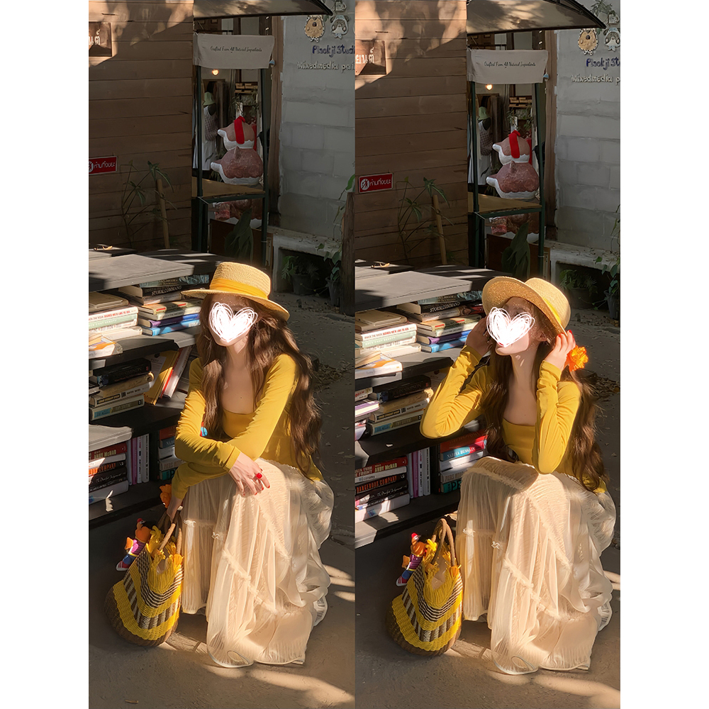 【轻氧甜心】清透春夏纯欲U领长袖打底衫女防晒衫高腰半身裙套装