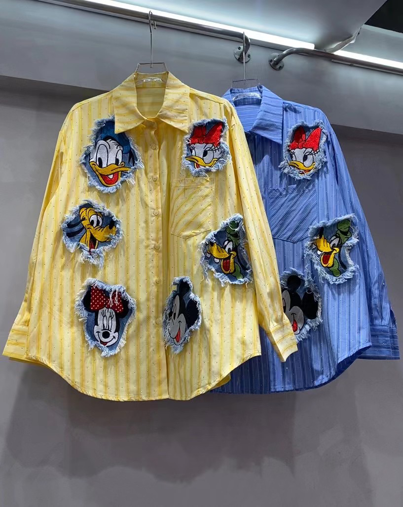 刘媛媛欧货 实拍2色正版贴布刺绣卡通图宽松条纹衬衣外套