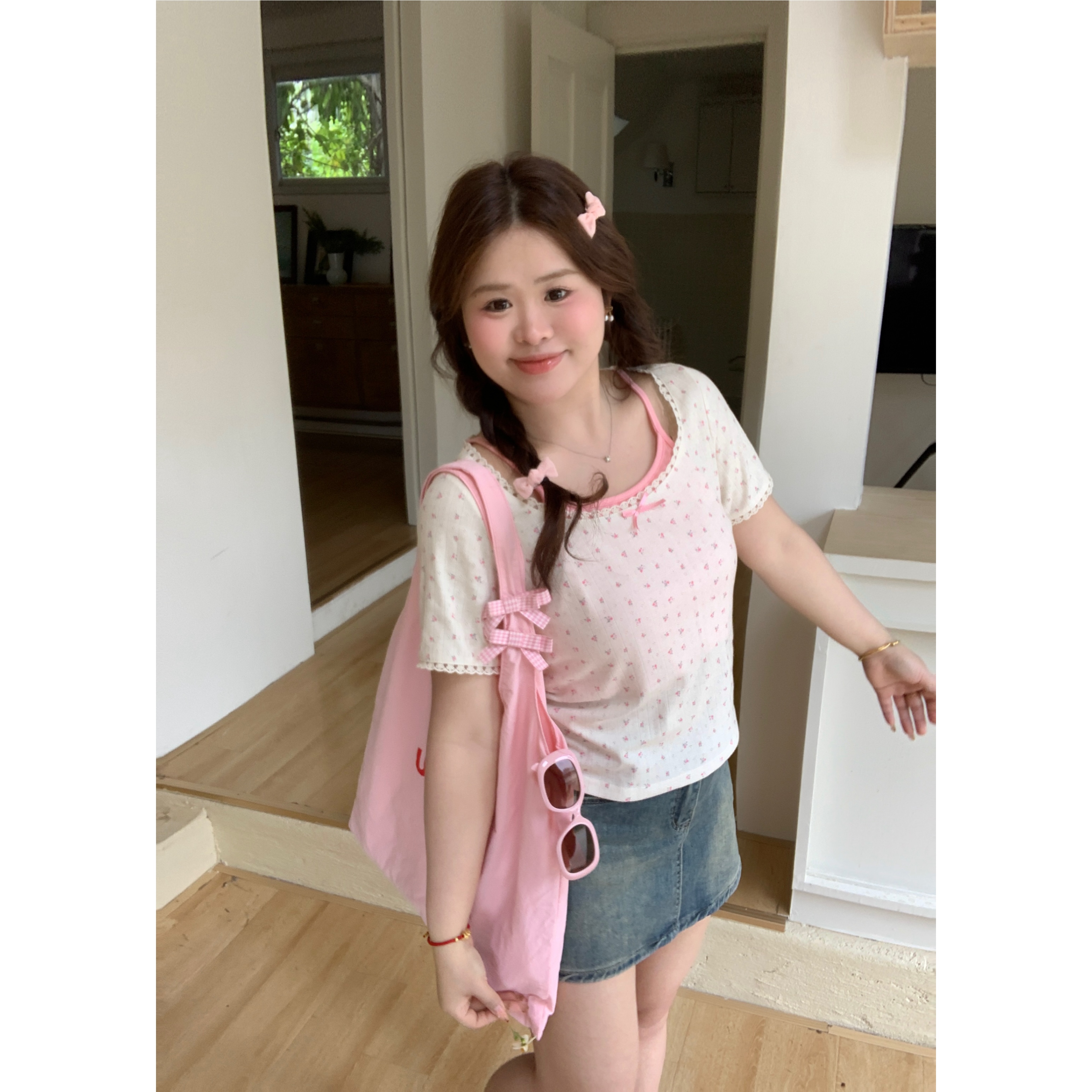 【夏日甜心】大头婷丫丫定制假两件T恤拼色吊带圆领碎花短袖上衣