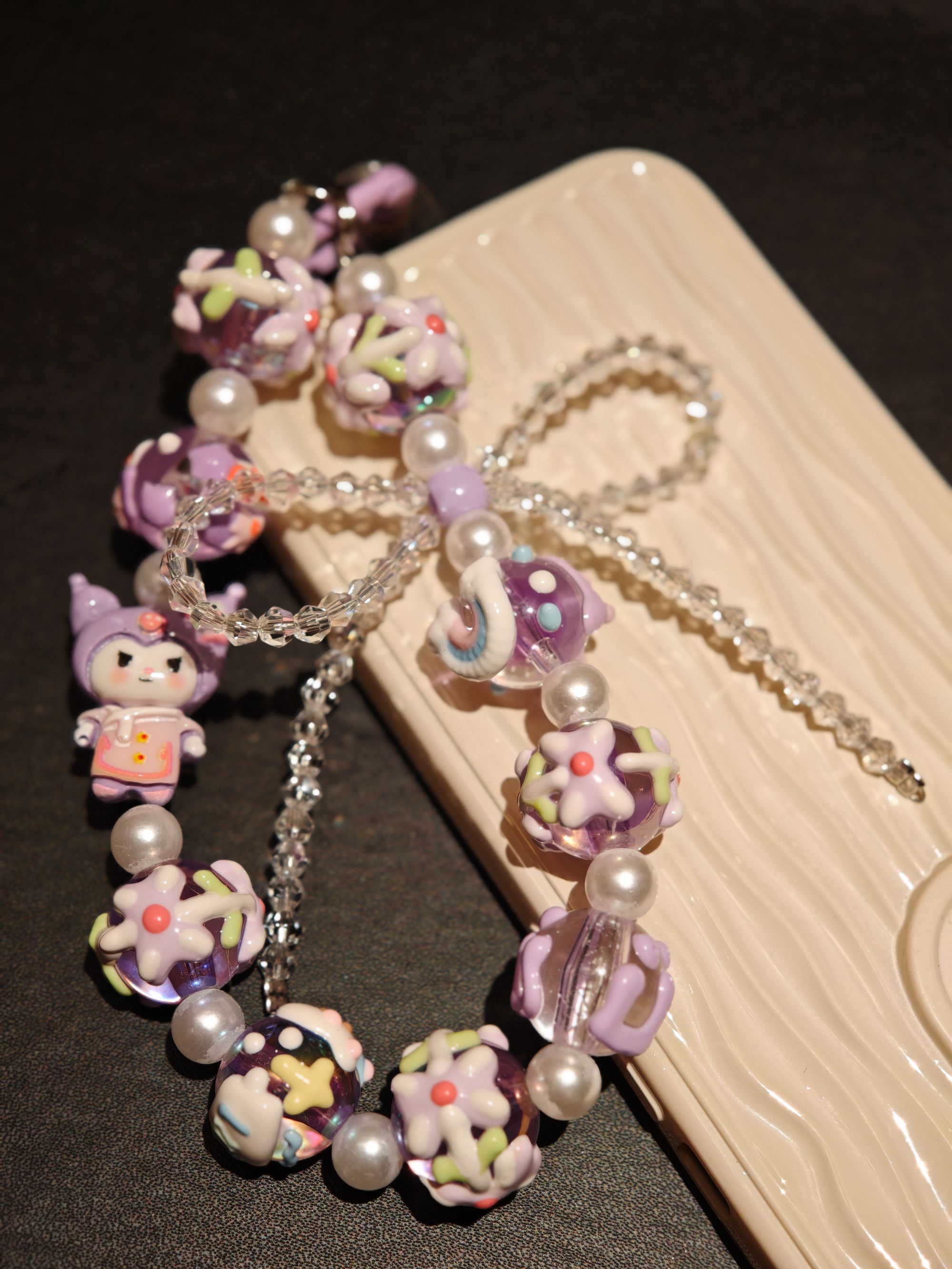 水晶蝴蝶结紫厚油手绘珠手机链手提链通用挂绳可做钥匙扣手工diy