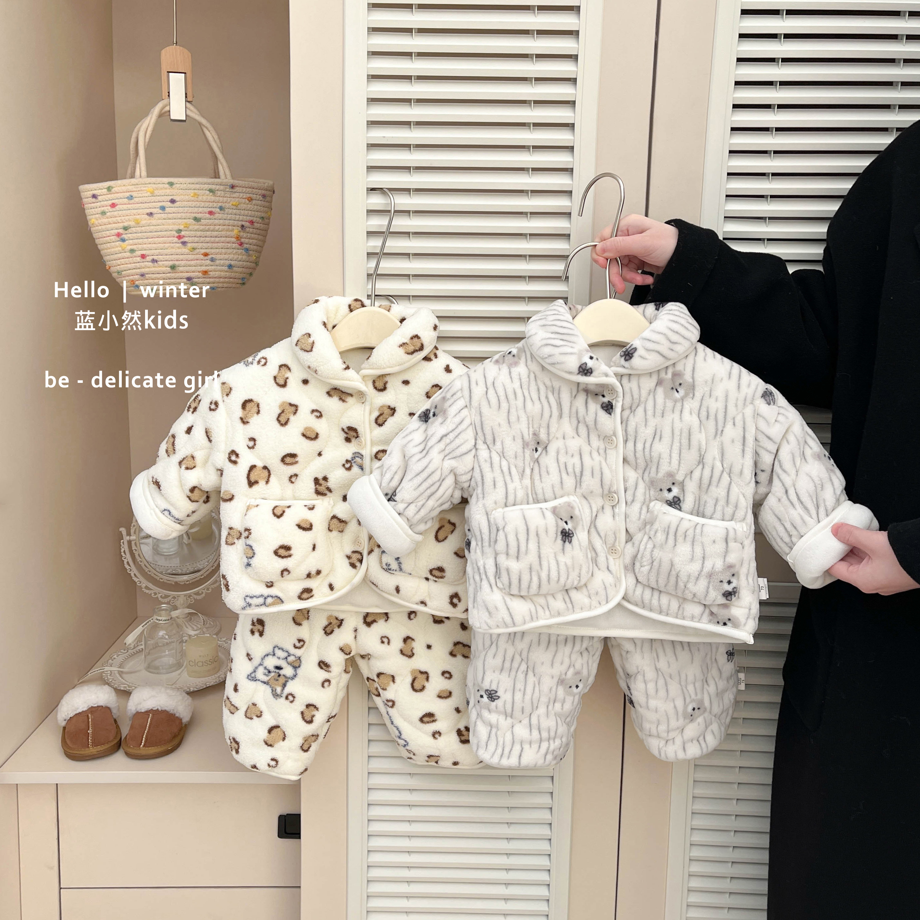 K25D187女童冬季可爱加绒加厚睡衣女宝宝保暖家居服套装婴儿衣服