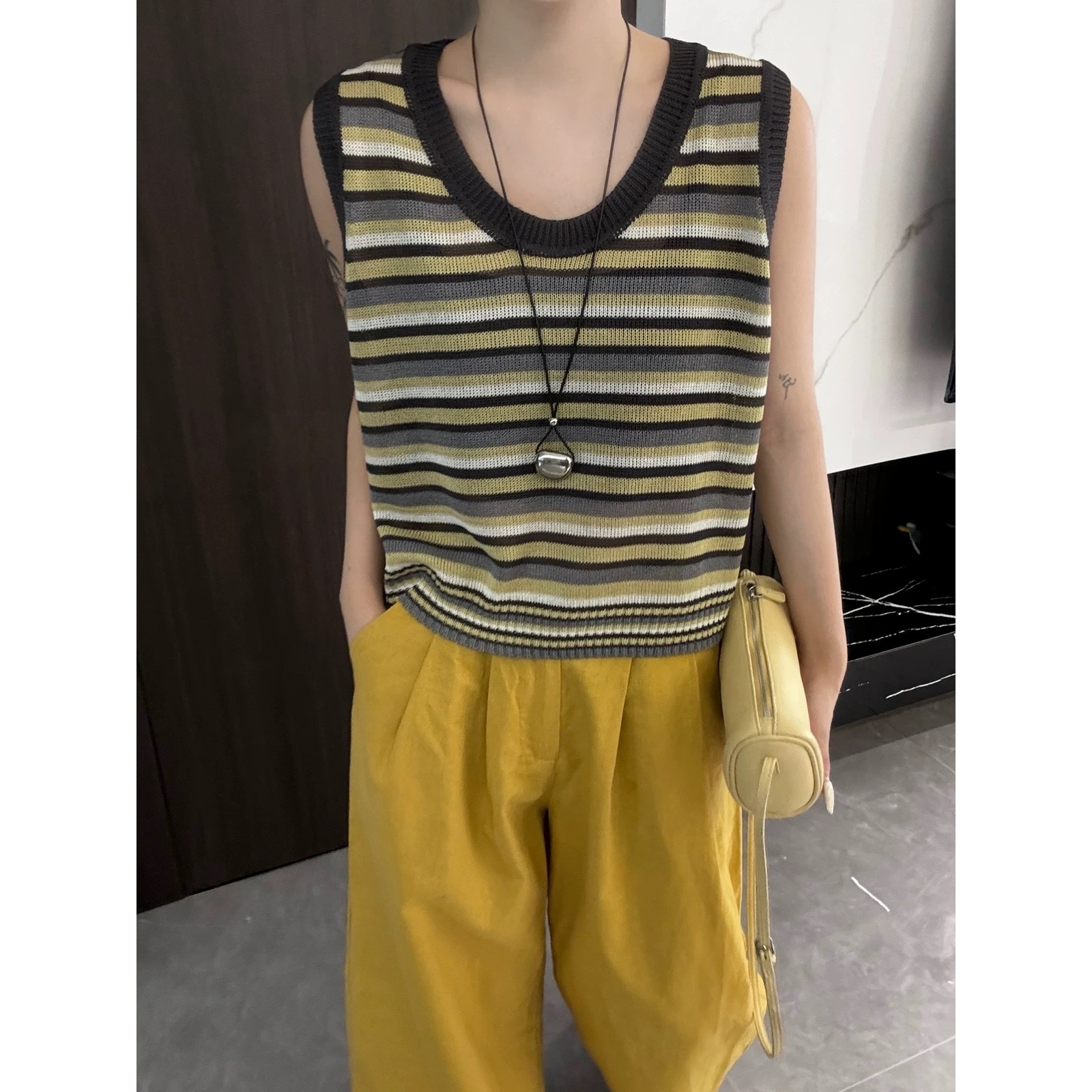 夏季条纹坎肩亚麻天丝时尚气质马甲显瘦百搭上衣