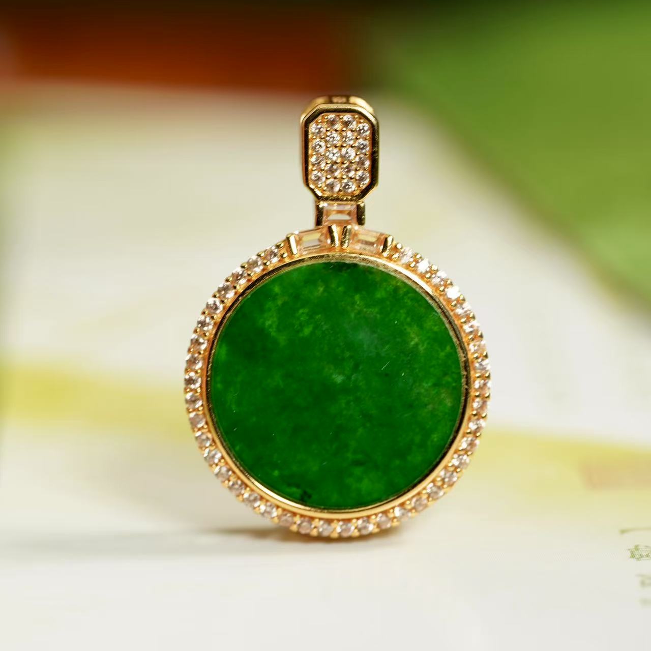 【百年一玉】天然缅甸A货翡翠吊坠S925银镀金设计款-1340