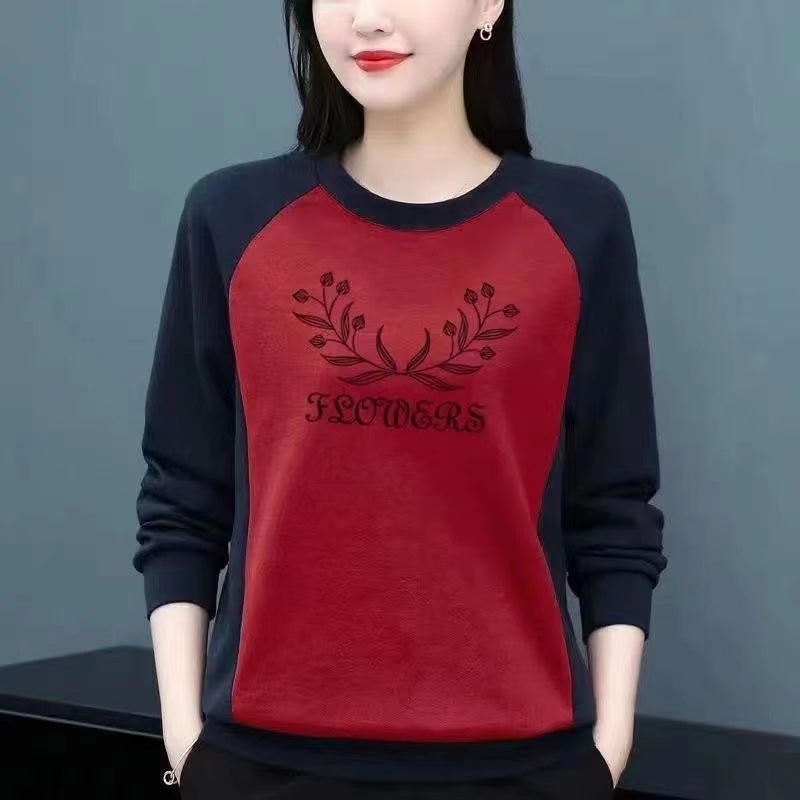887红色春秋季妈妈气质卫衣女士新款印花大码长袖洋气显瘦T恤上衣
