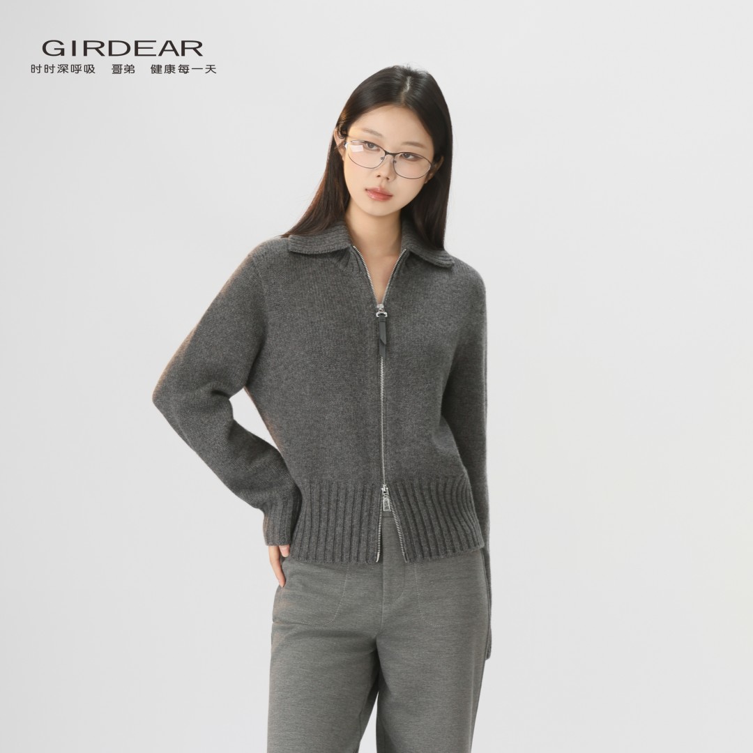 GIRDEAR/哥弟慵懒感INS风纯色翻领毛针织衫开衫148040氛围感服饰