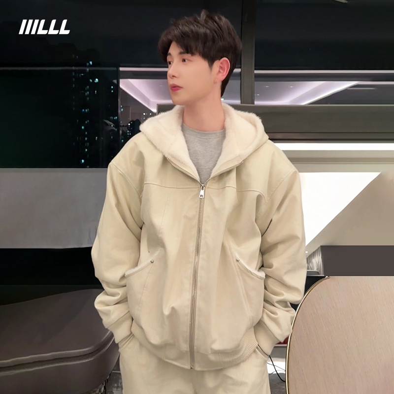 IIILLL童锦程“一件过冬”座山雕夹克男仿水貂毛连帽加绒加厚外套