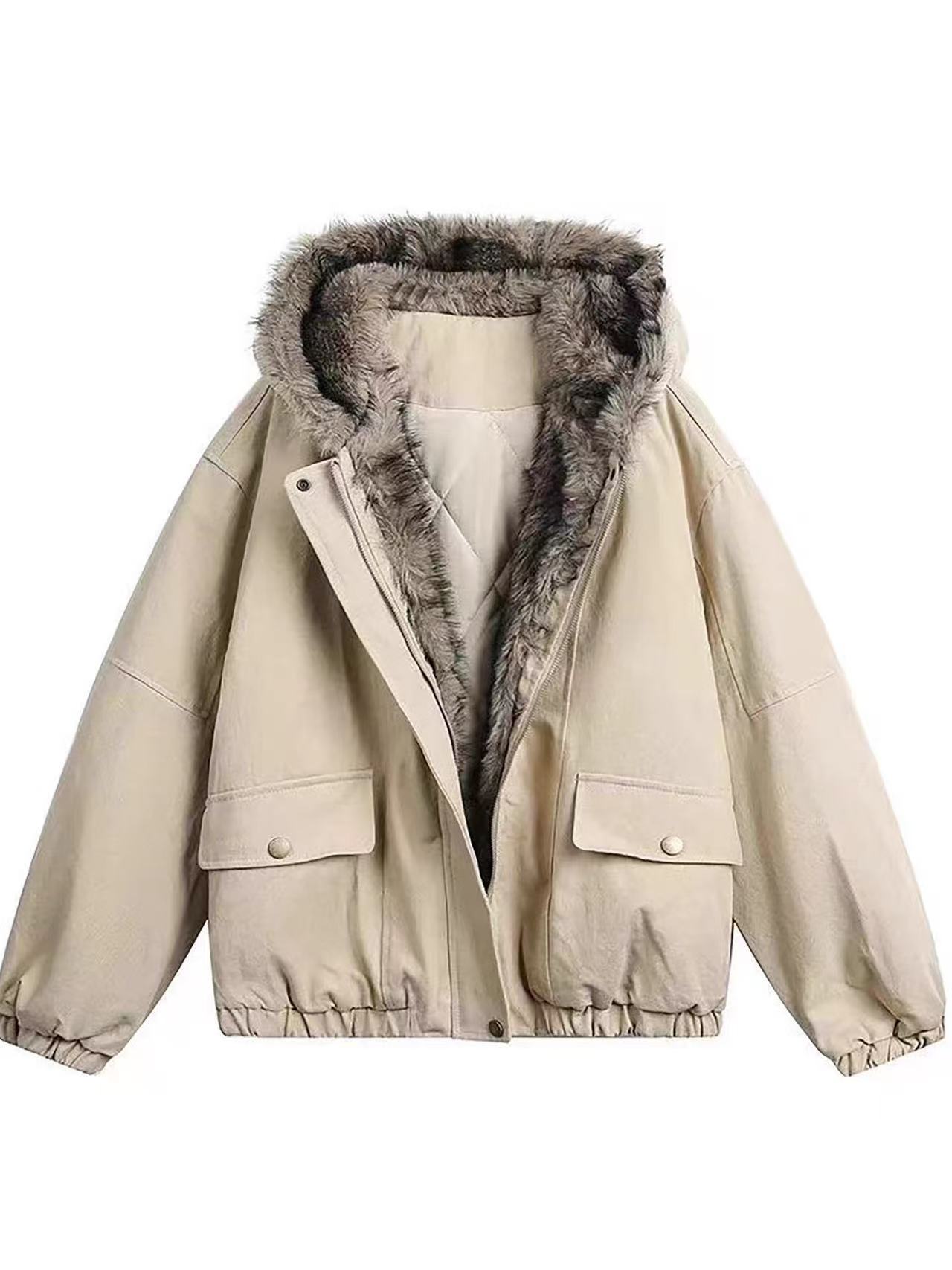 美式宽松连帽加绒外套棉服女冬毛领加厚工装派克服棉服-6370