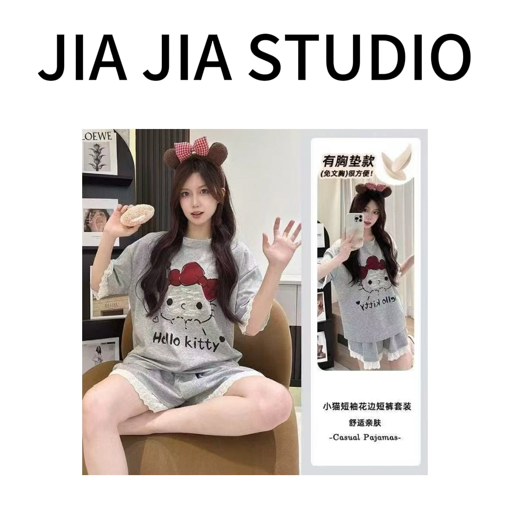 嘉嘉推荐#6101【夏款-带胸垫】卡通蕾丝拼接睡衣两件套
