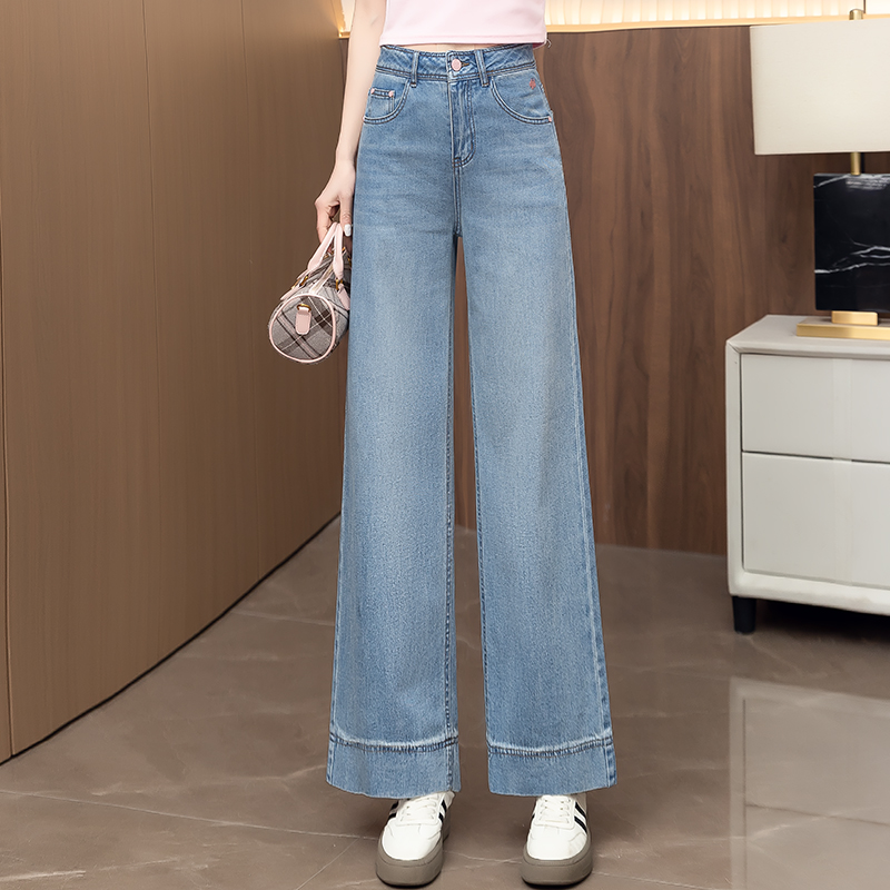 浅色阔腿牛仔裤女夏季薄款2025年新款高腰宽松垂感九分窄版直筒裤