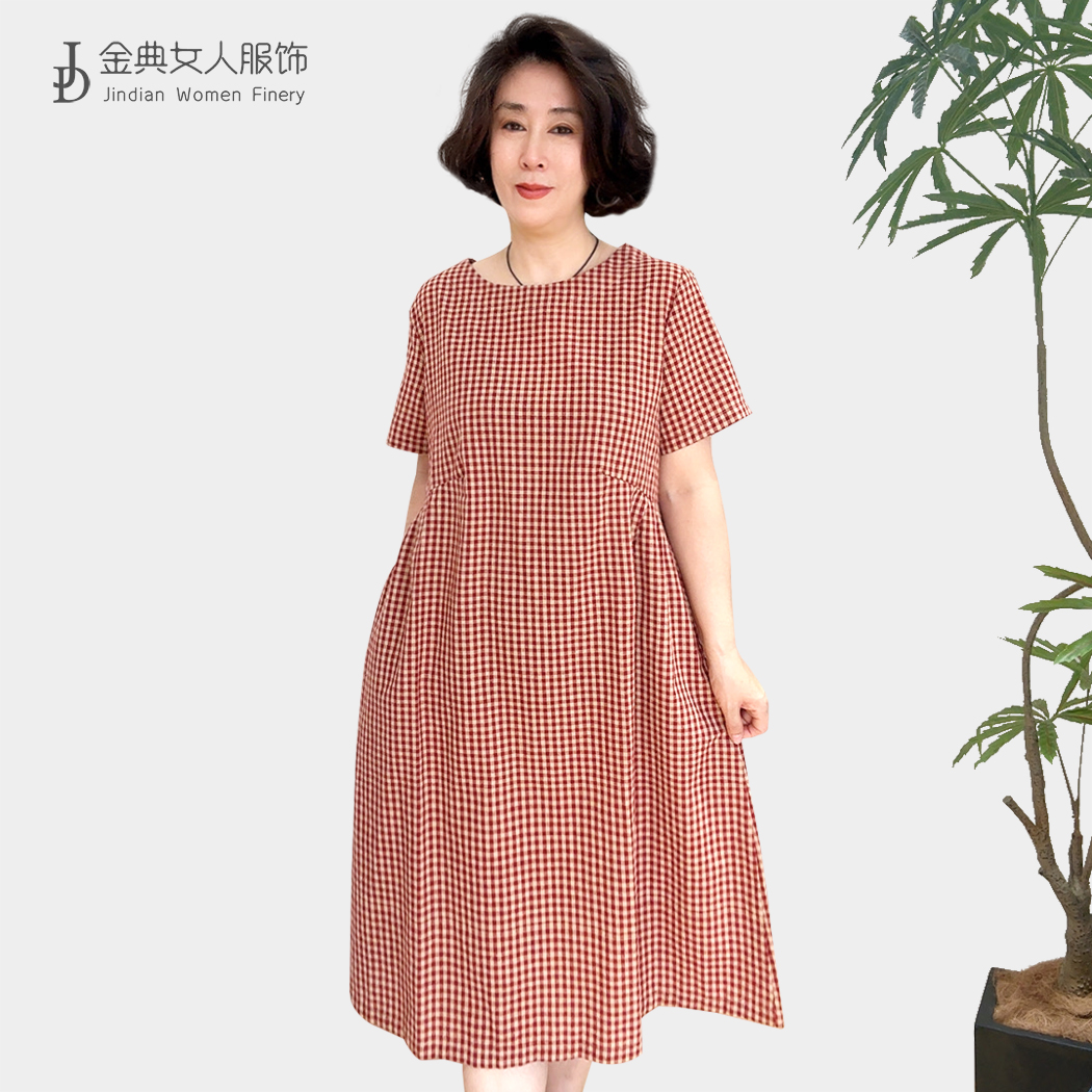  【金典女人服饰】气质款复古优雅格子棉麻连衣裙 显瘦百搭女裙1015