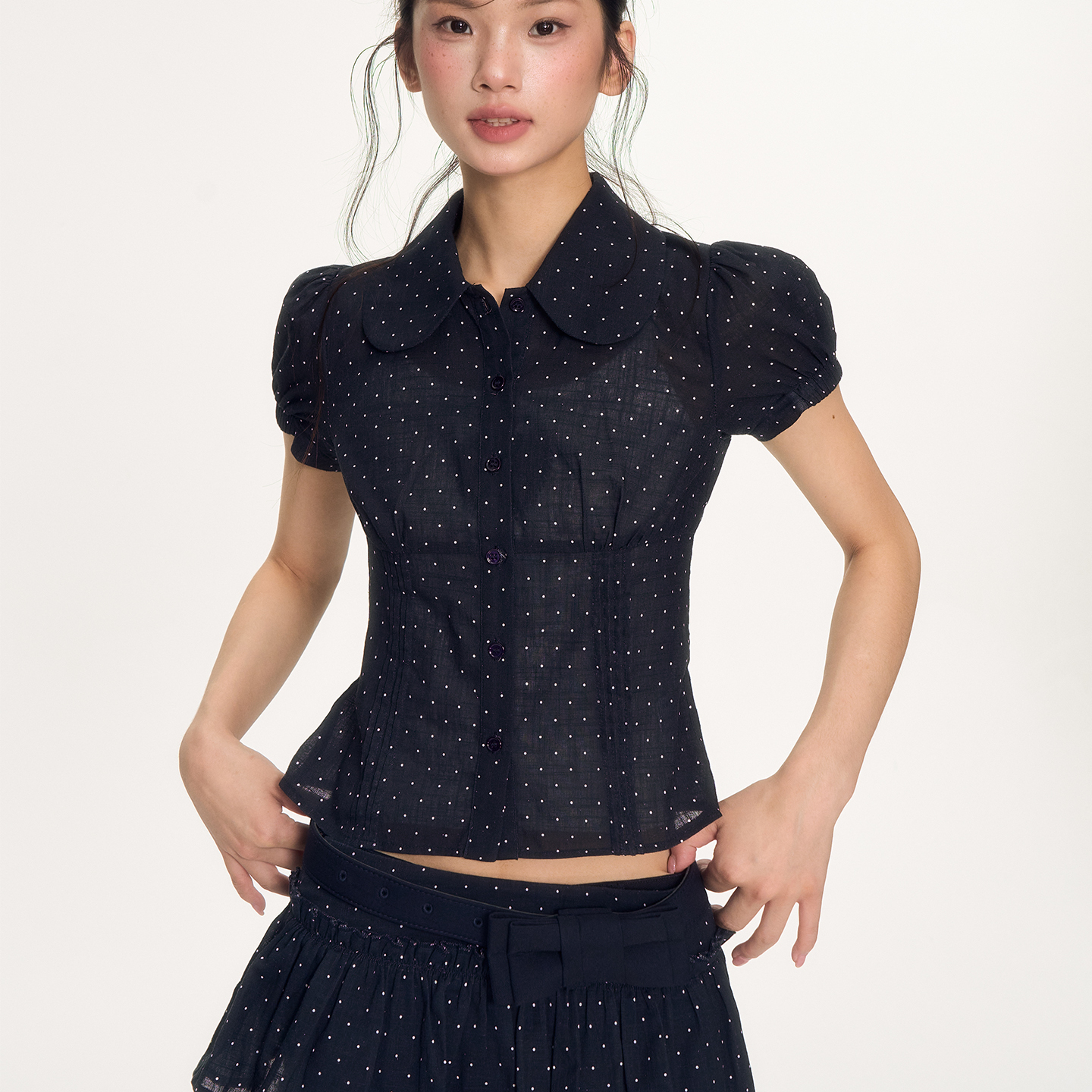 NECY 棉麻波点泡泡袖衬衫夏季修身显瘦上衣设计感miu系短裙套装女