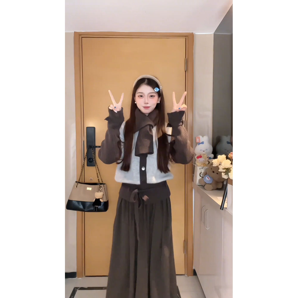 新款复古撞色绒毛针织外套女高级半身裙秋冬潮流套装