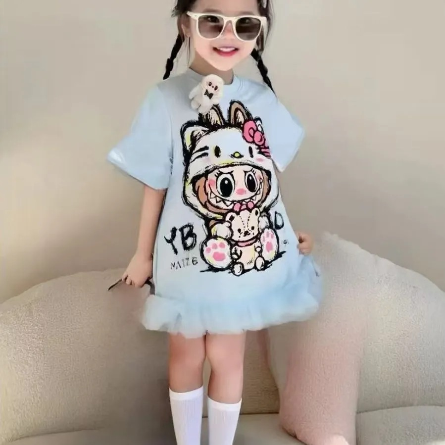 MN女童蓝色拉布布公主裙2025夏季薄款纯棉连衣裙可爱女孩卡通纱裙