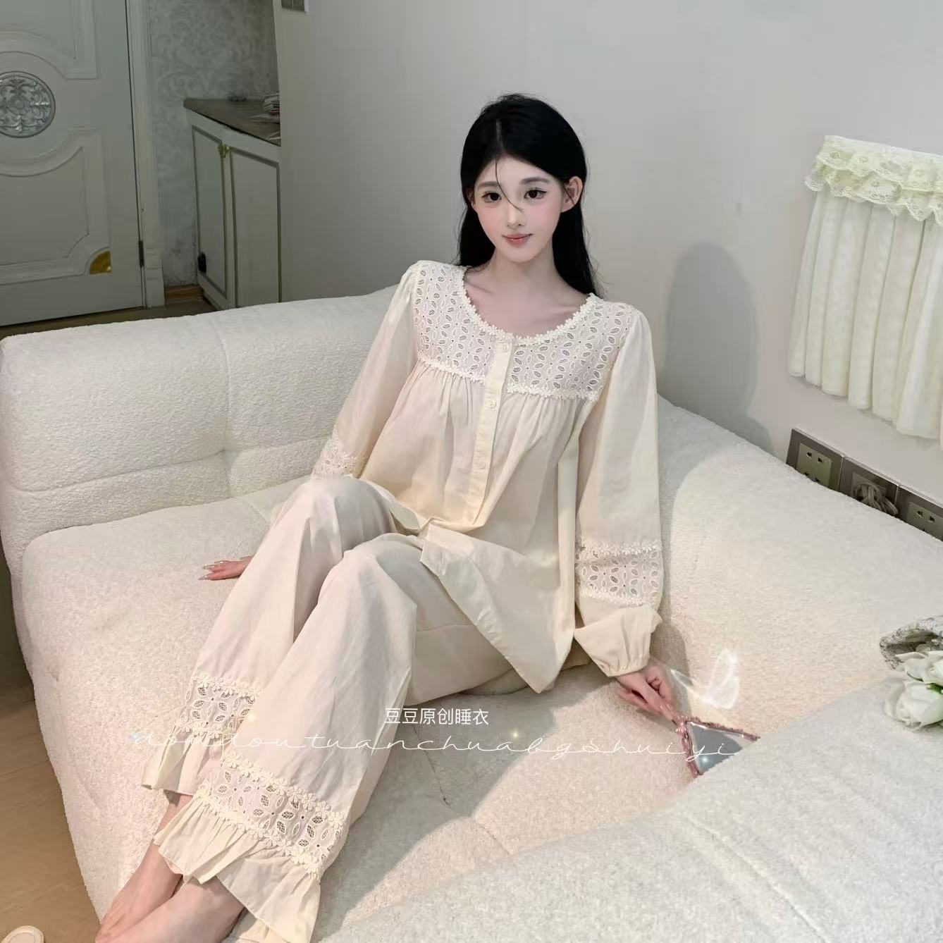 豆豆2【秋日芙蕾】长袖长裤纯欲显瘦秋冬季女套装法式睡衣