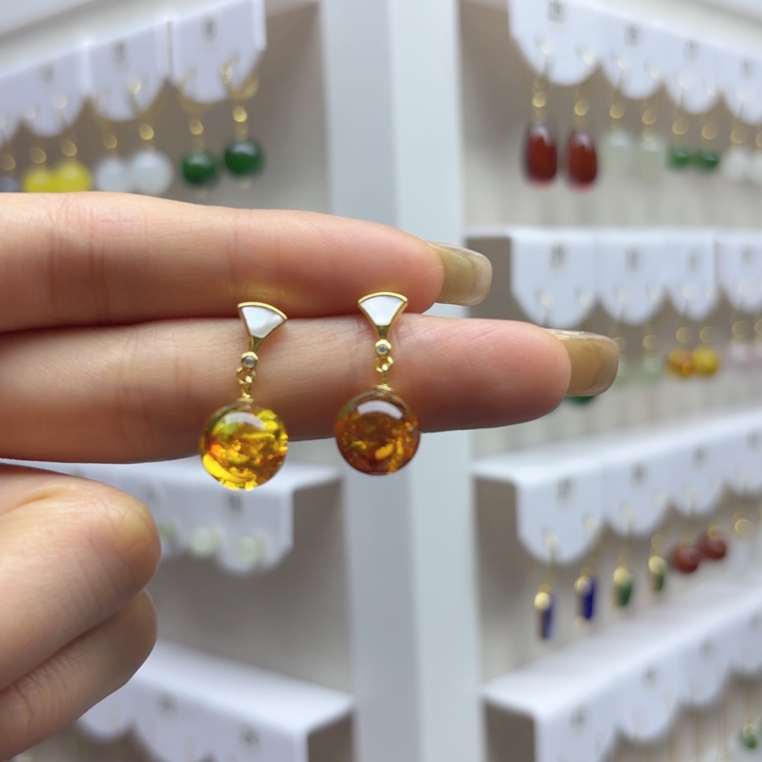 琥珀（花珀）银S925镶嵌耳饰