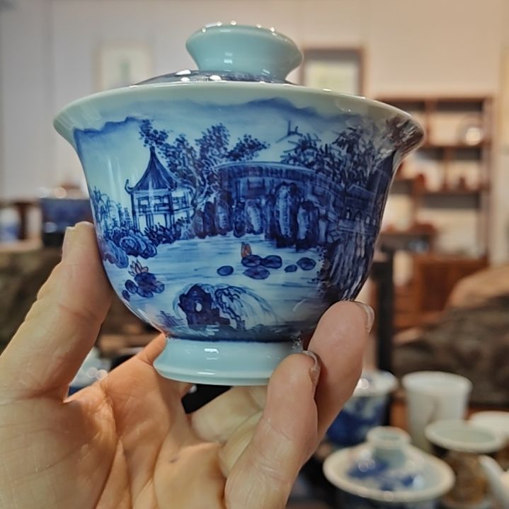 土****粉景德镇手工手绘园林山水盖碗