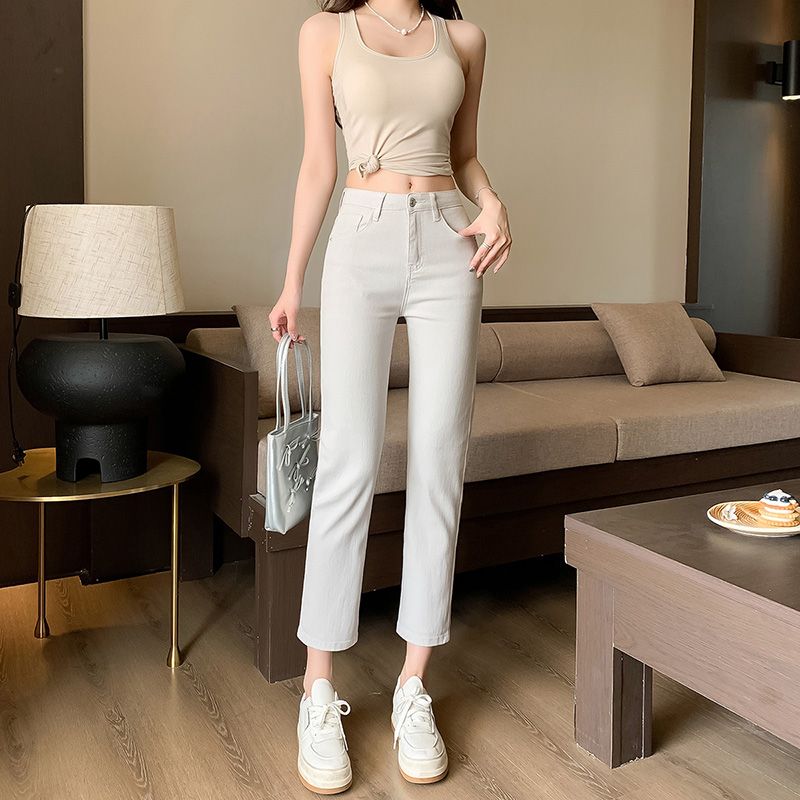 2025春夏灰色烟管牛仔裤女新款高腰百搭显瘦九分小个子法棍直筒裤
