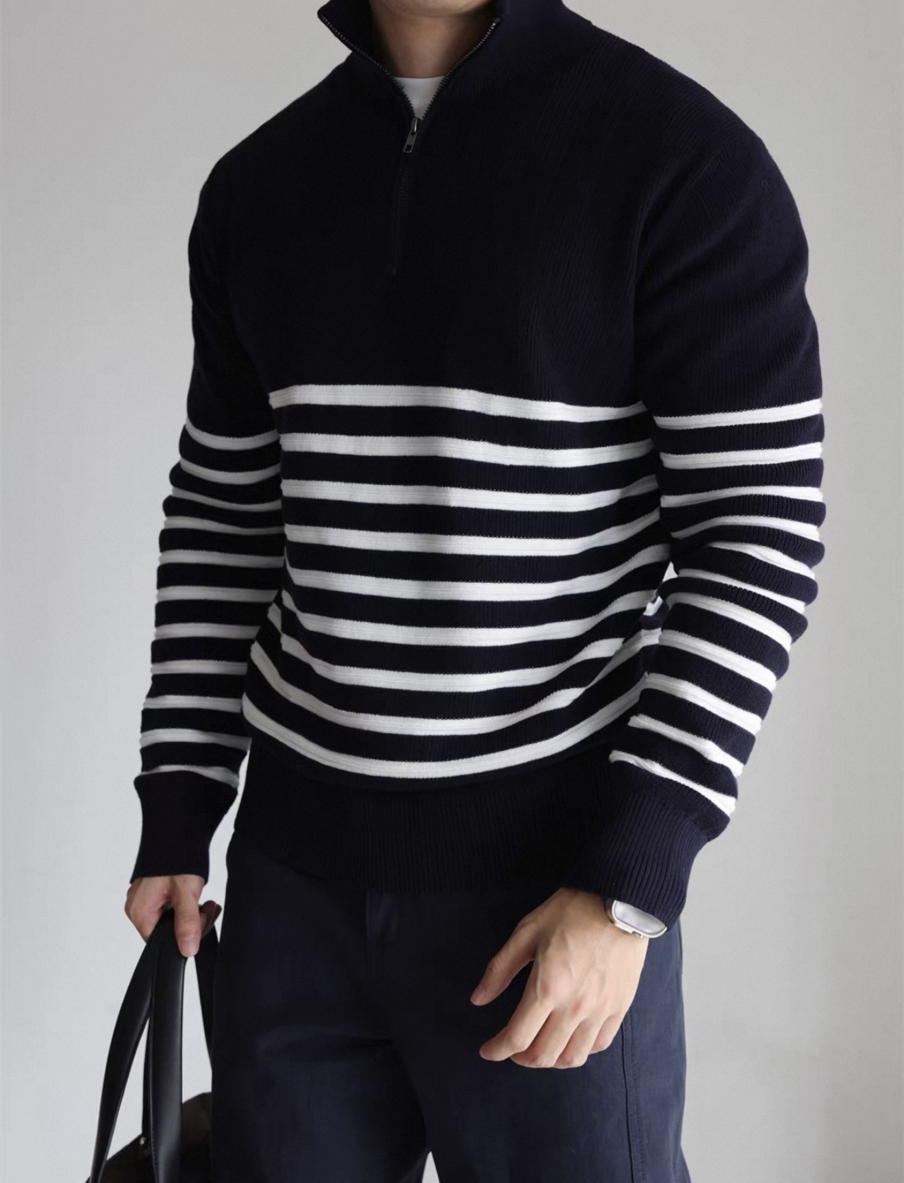 正方体016秋冬新款复古条纹半拉链毛衣针织衫男士