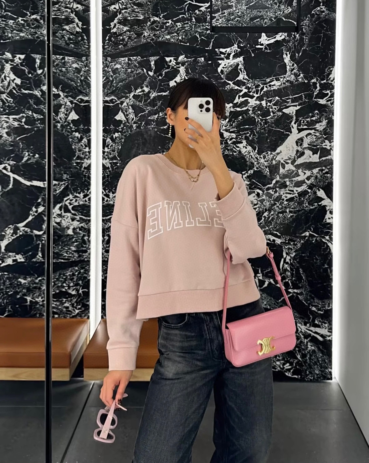99新 Celine/思琳 粉色圆领抓绒卫衣 L码 J00354