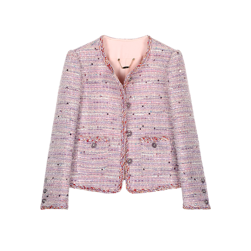 【时代高定】法式千金气质粉紫色条纹粗花呢精致小香风外套女130019