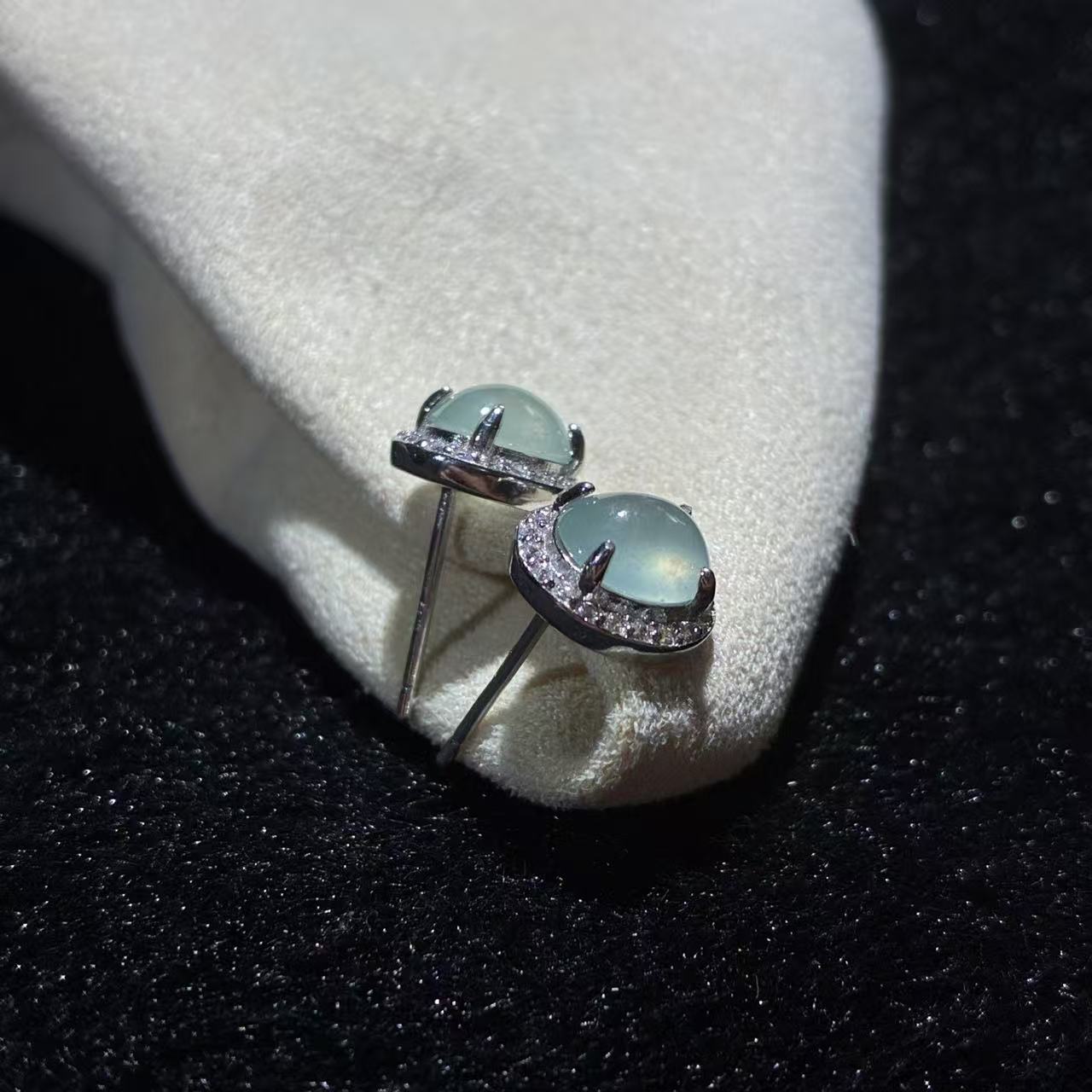 天然缅甸翡翠925银镶嵌耳钉耳饰女士椭圆形豪华奢华银戒时尚气质