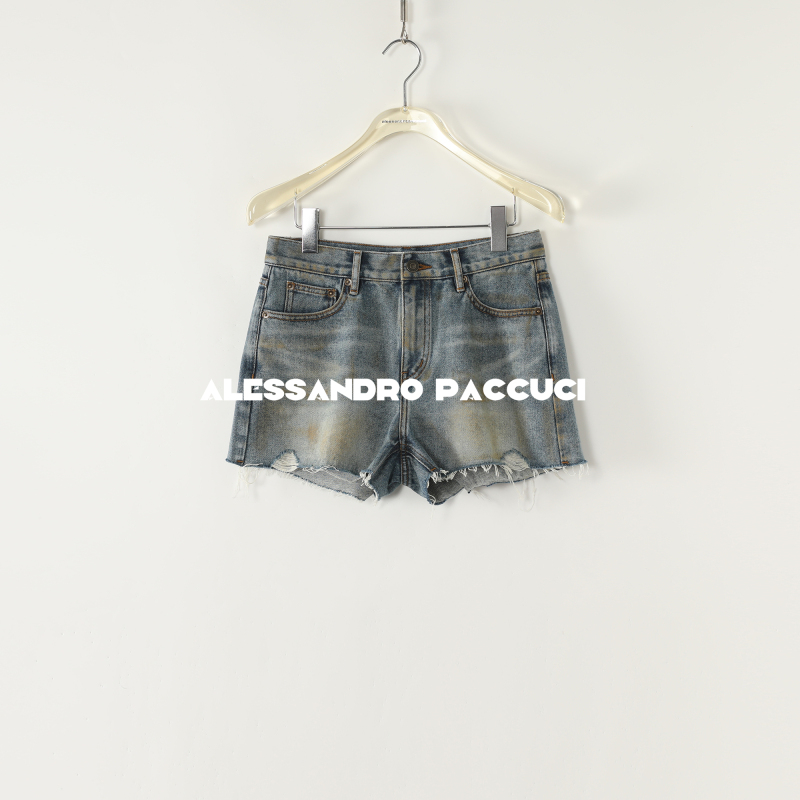 AP洛哥52022ND【埋汰裤】棉质毛边发黄做旧复古时尚百搭牛仔短裤 夏