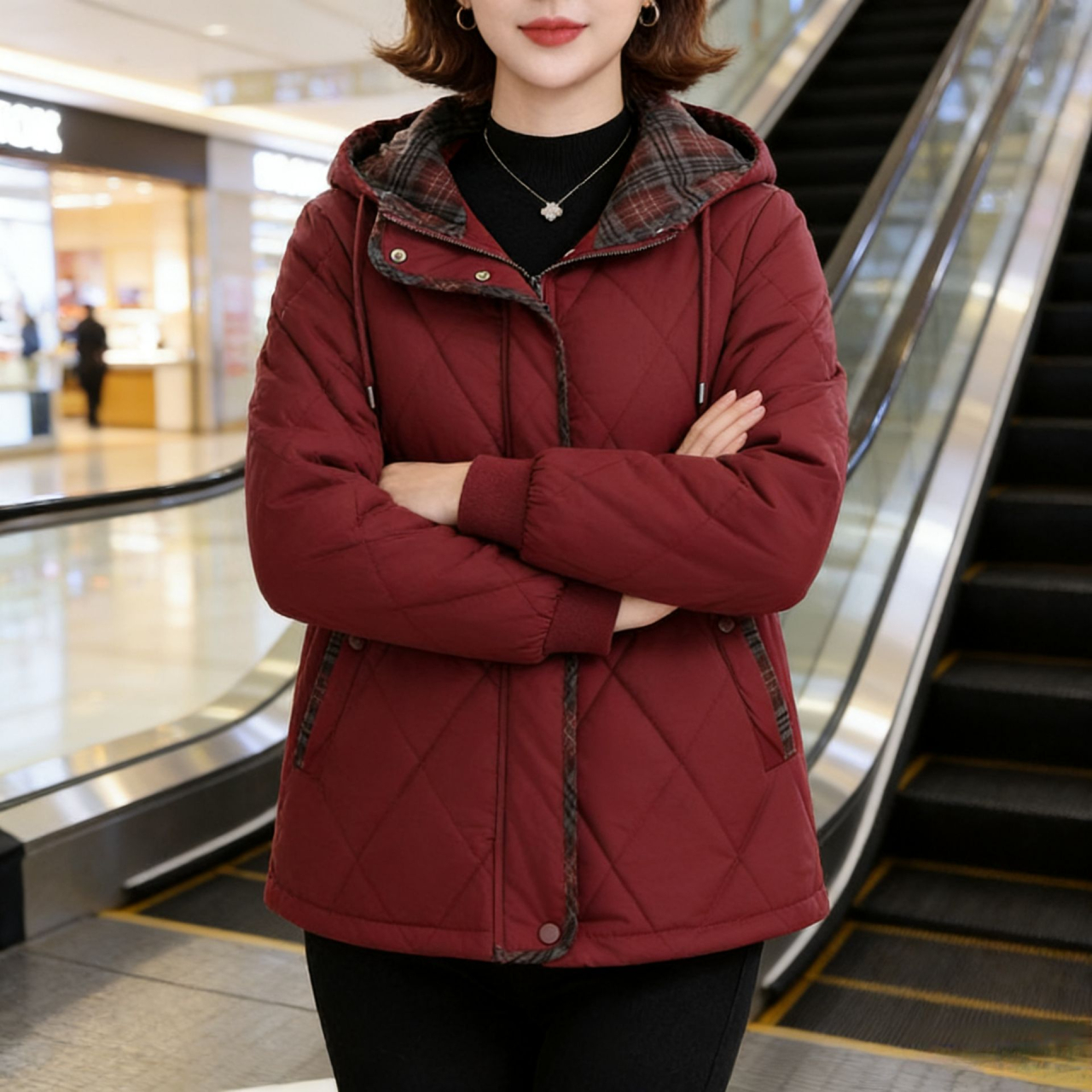 连帽中老年女装中老年酒红棉袄冬季棉衣短款棉袄女装