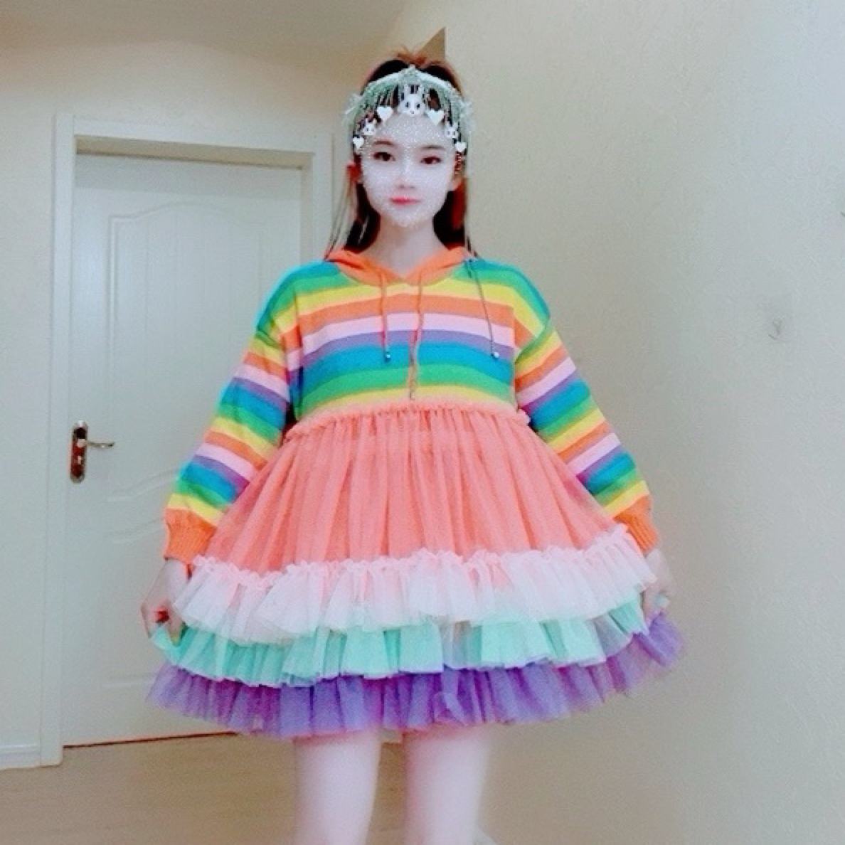 【面条家】5369#秋季长袖彩虹纱纱拼接蓬蓬连衣裙