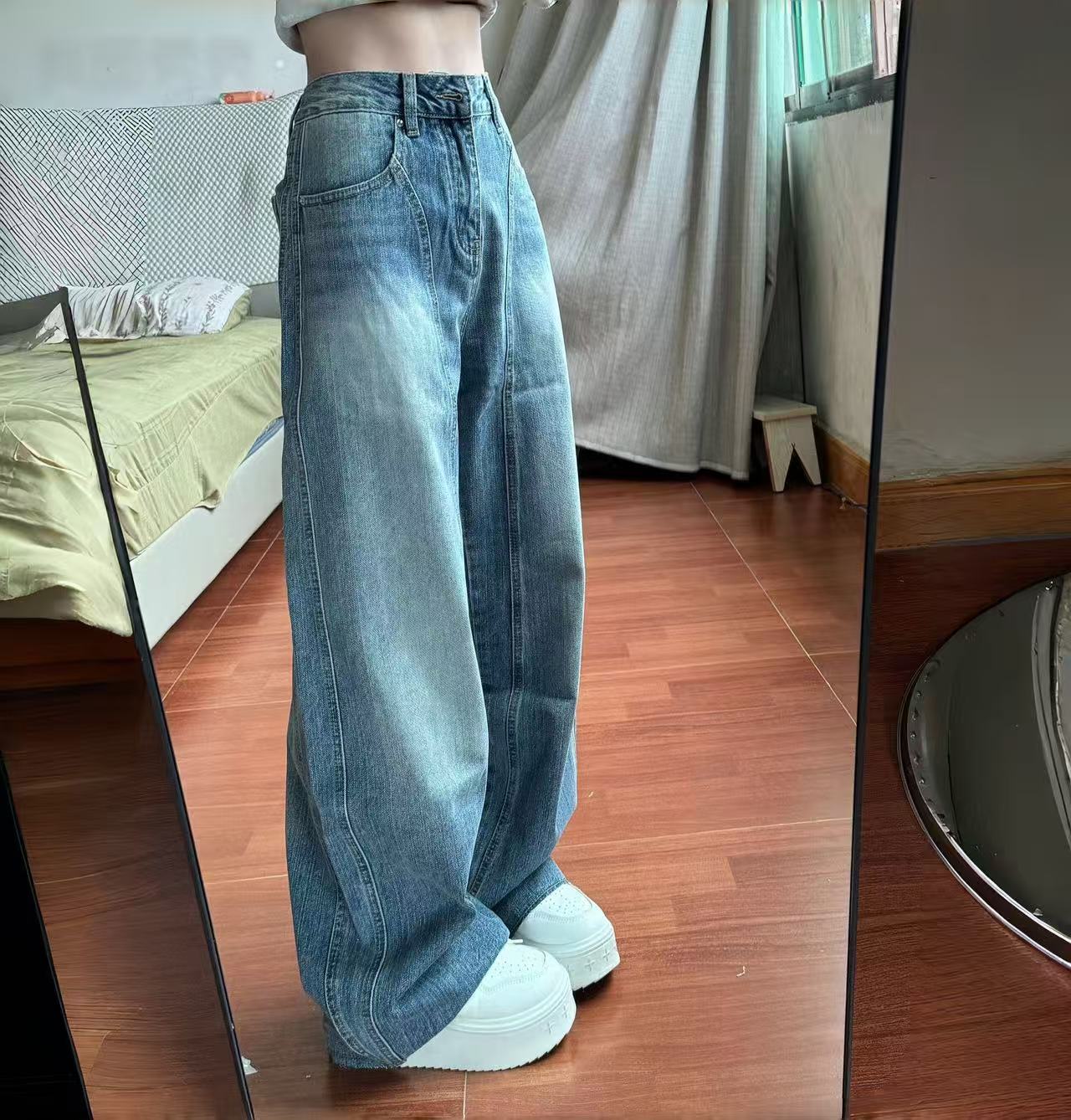 美式大码胖mm弯刀裤牛仔裤女秋季新款高腰宽松显瘦阔腿裤拖地裤子