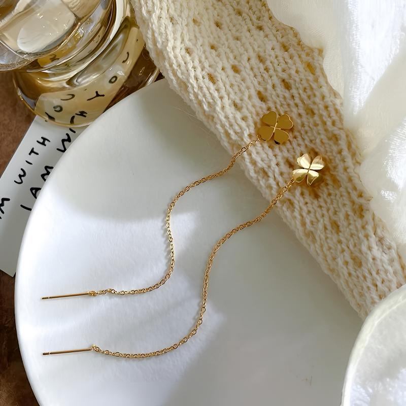 镀K金幸运四叶草耳线2025年新款轻奢流苏耳环