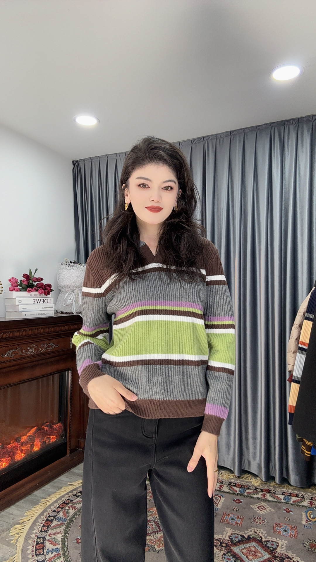 时尚百搭休闲条纹拼色针织上衣