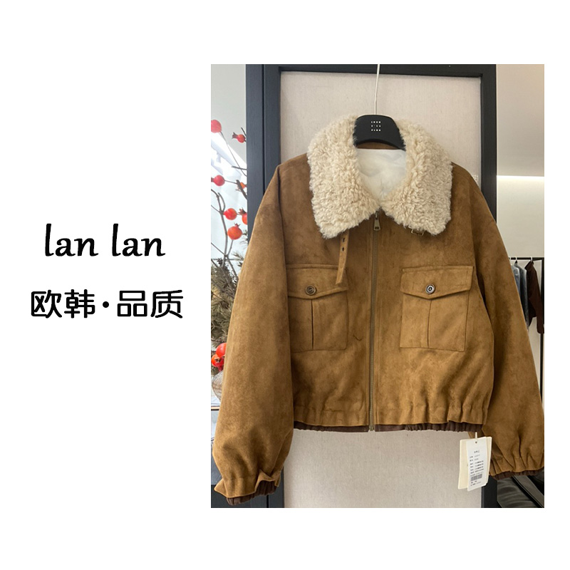 lanlan-冬上新【下摆拼色麂皮外套】252953韩版洋气麂皮羽绒外套