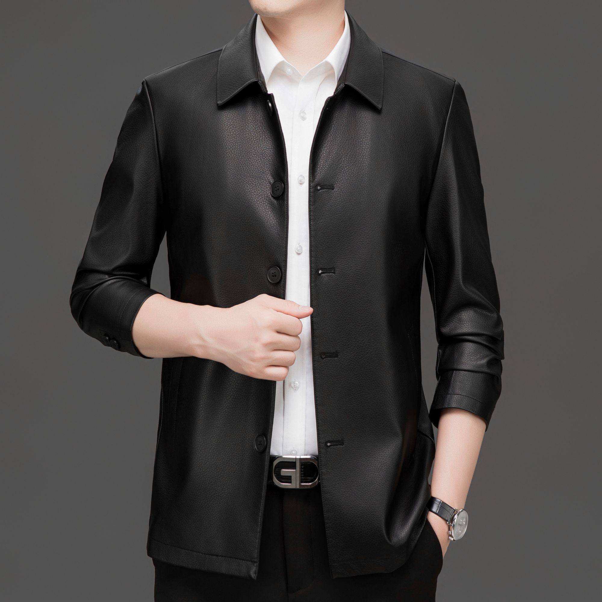 男士皮衣短款风衣春秋冬加绒外套纽扣款高档商务休闲翻领外套