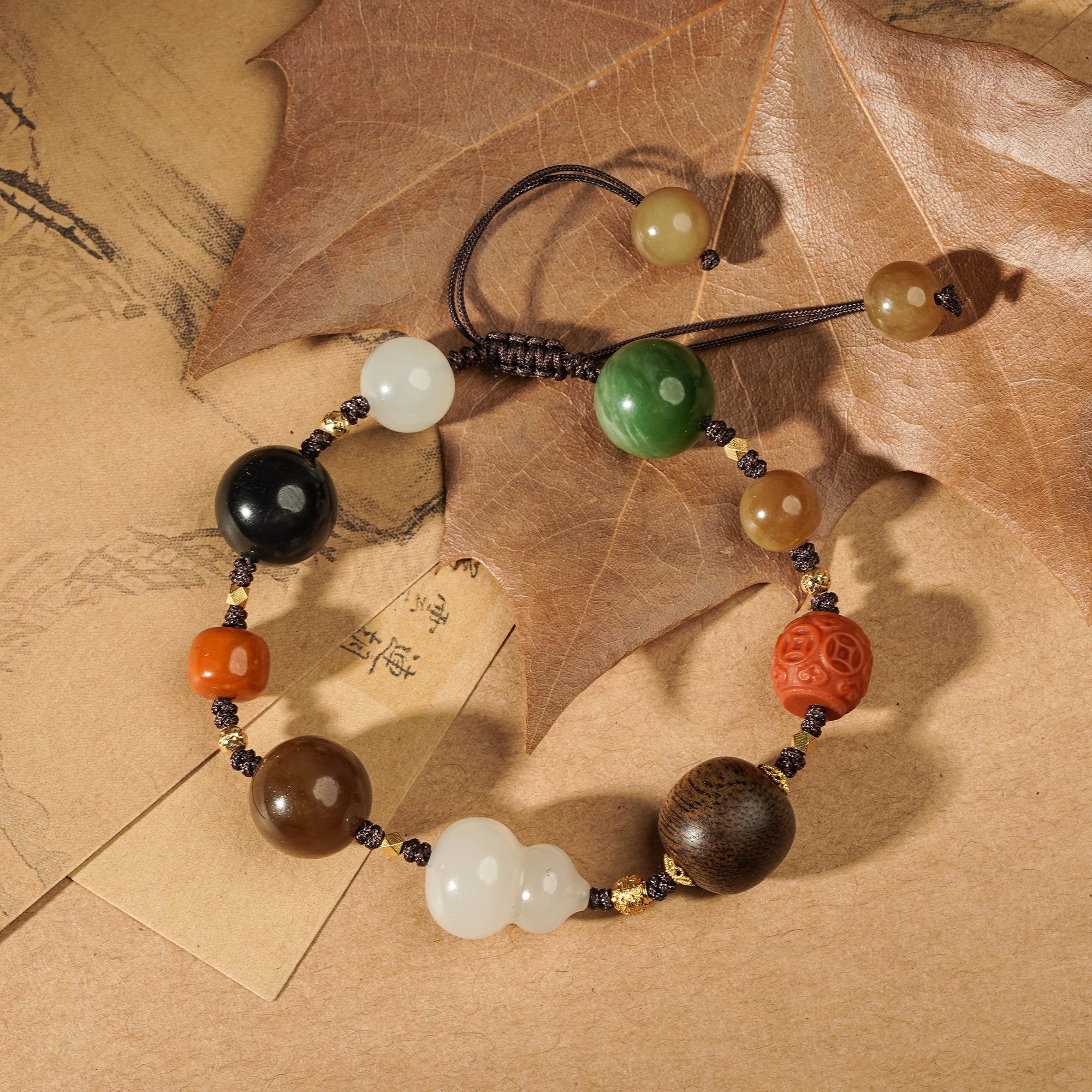 【18K】文莱沉水沉香多宝葫芦单圈手串12MM圆珠手编绳文玩好物Q5