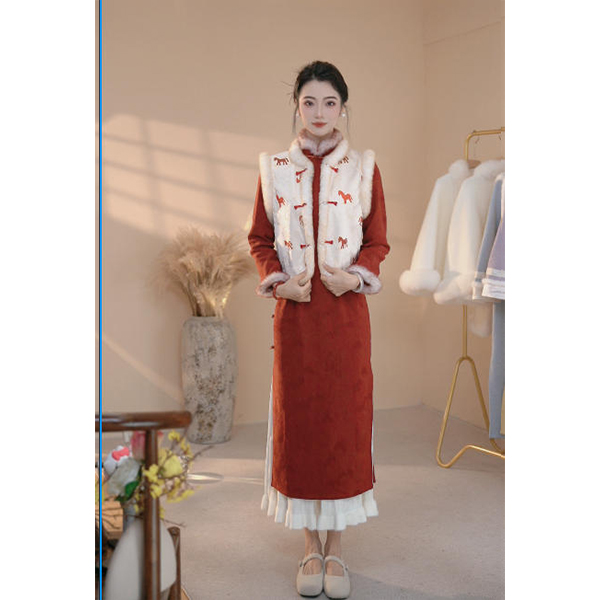红色旗袍冬款加绒加厚女款订婚礼服女拜年服气质中国风日常高级感