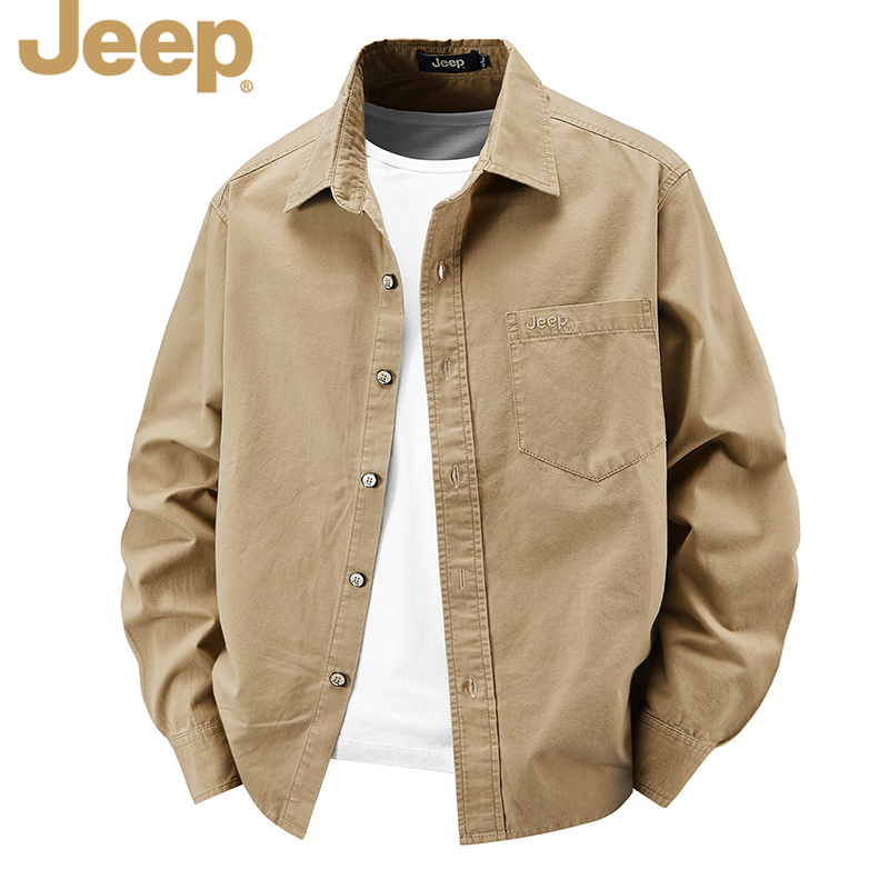 JEEP吉普官方正品美式纯棉宽松休闲衬衫长袖男薄款刺绣纯色衬衣
