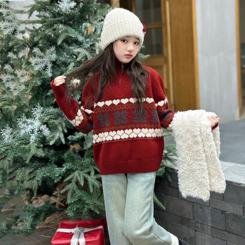 12岁女童高领红色毛衣冬季2025新款儿童费尔岛针织大童加厚本命年