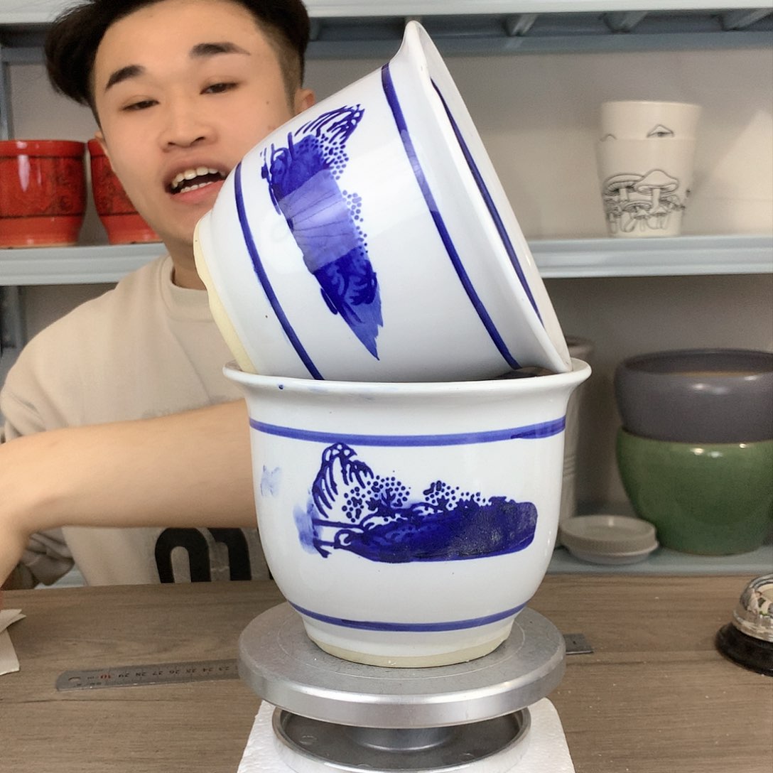 红陶微瑕）山水画图案14x13两个花盆