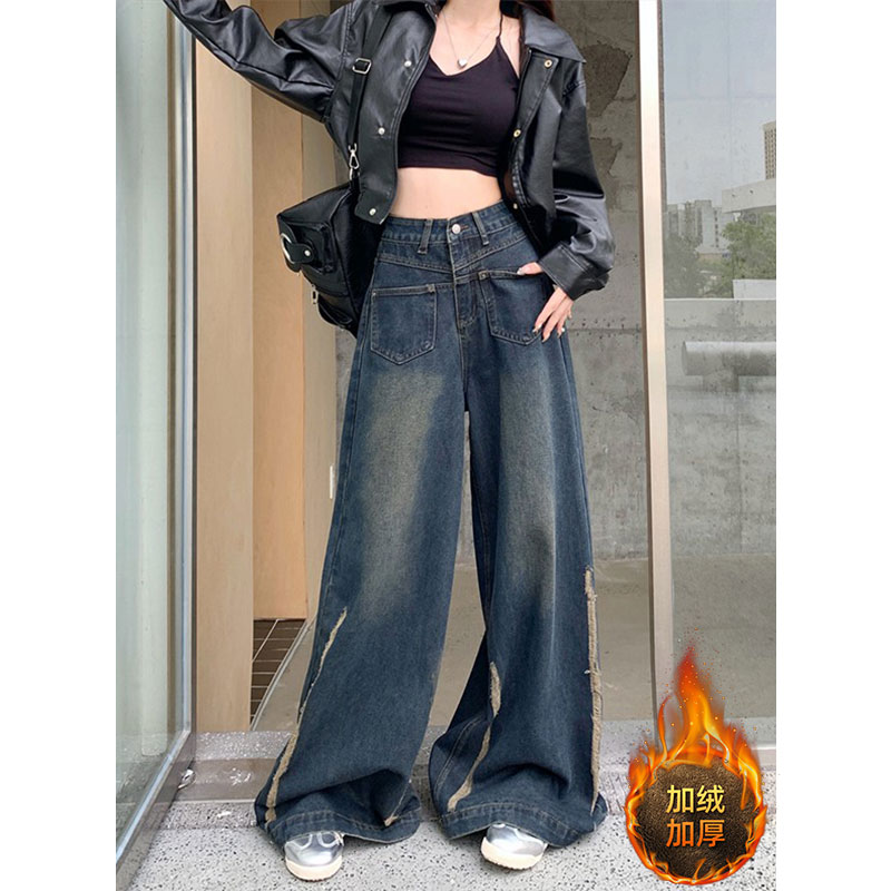 300斤特大码女装美式复古高腰直筒牛仔裤宽松显瘦拖地阔腿裤子女