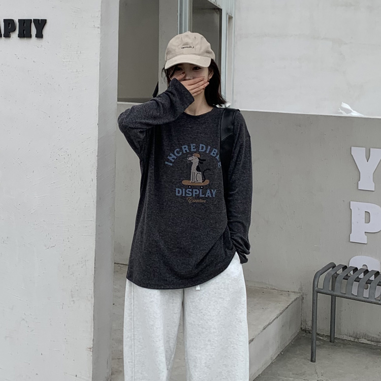 mrmeet7071磨毛长袖T恤女2025秋冬圆领宽松显瘦小狗加厚打底上衣