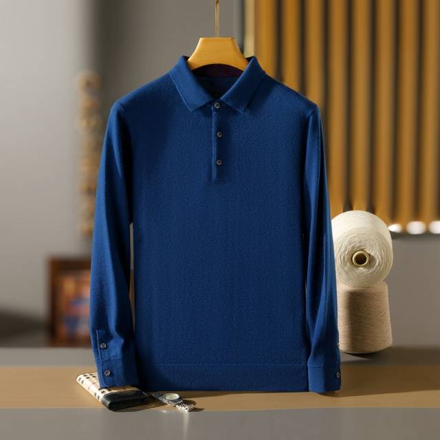 精纺68支3股100%纯山羊绒中厚POLO领针织商务撞色羊绒男-320-380G