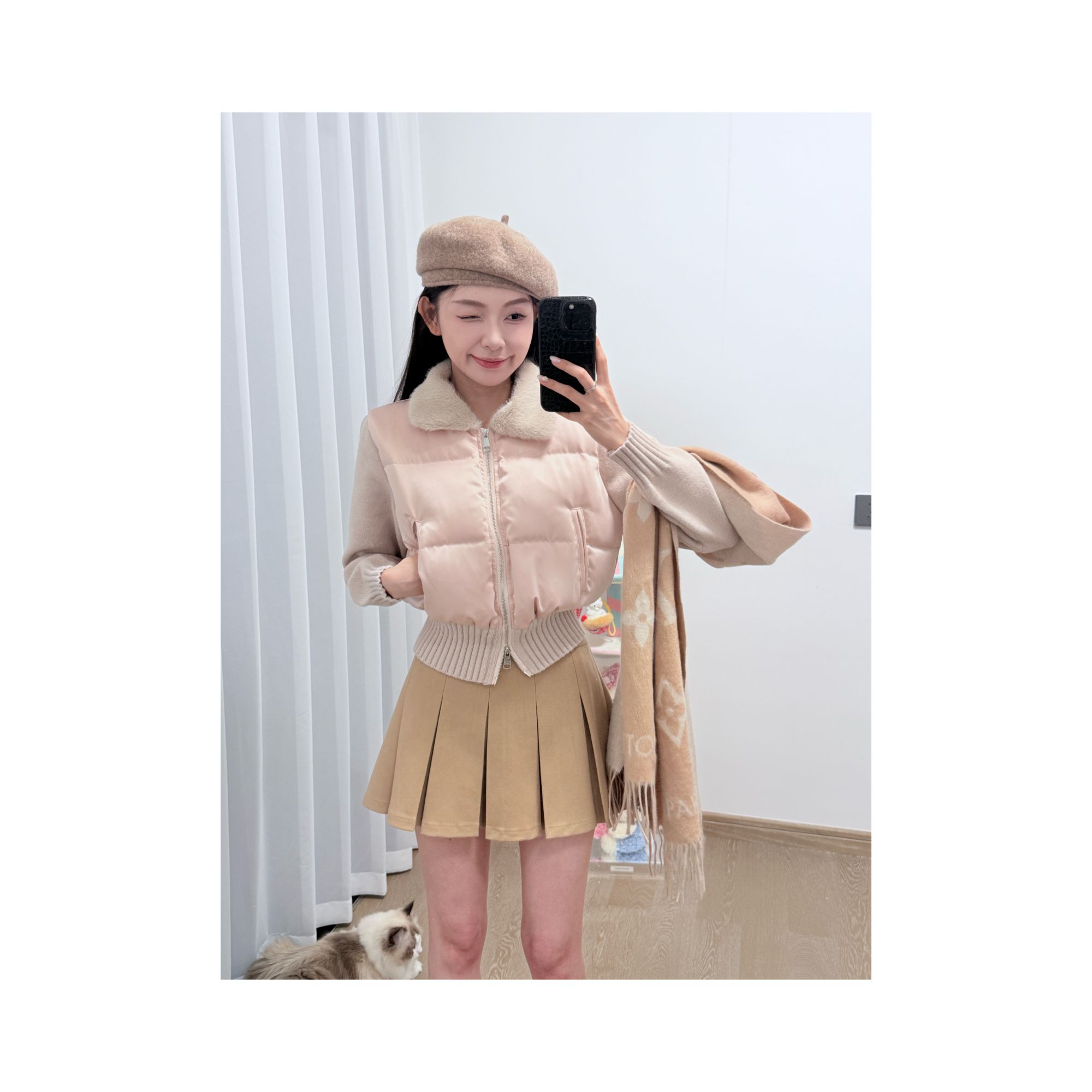 【冬装上新】冬季温柔针织拼接缎面厚款毛领轻薄高级感女套装