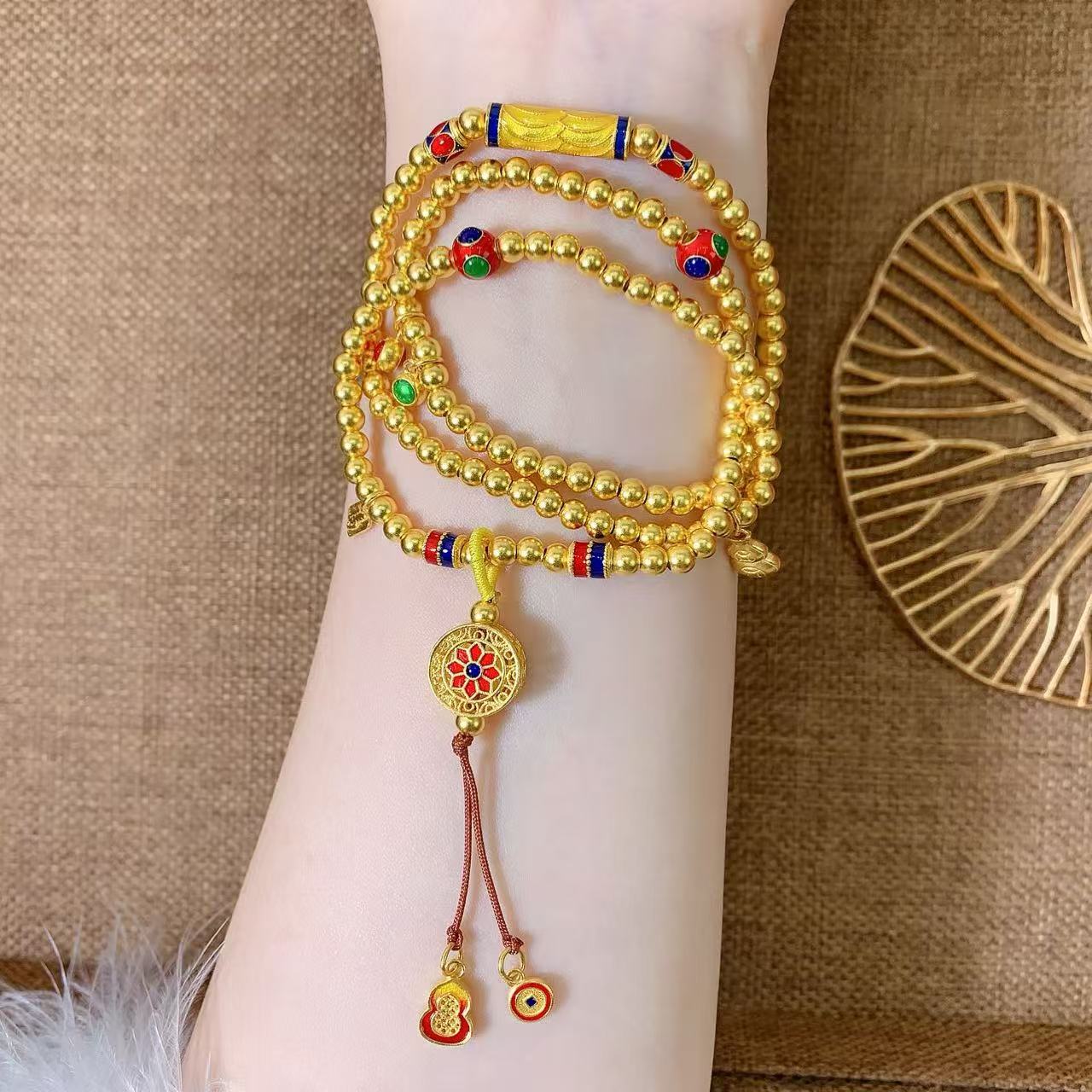 【伟新源】足金999 烧蓝工艺 福禄聚宝盆三圈手串37.83克（50cm）