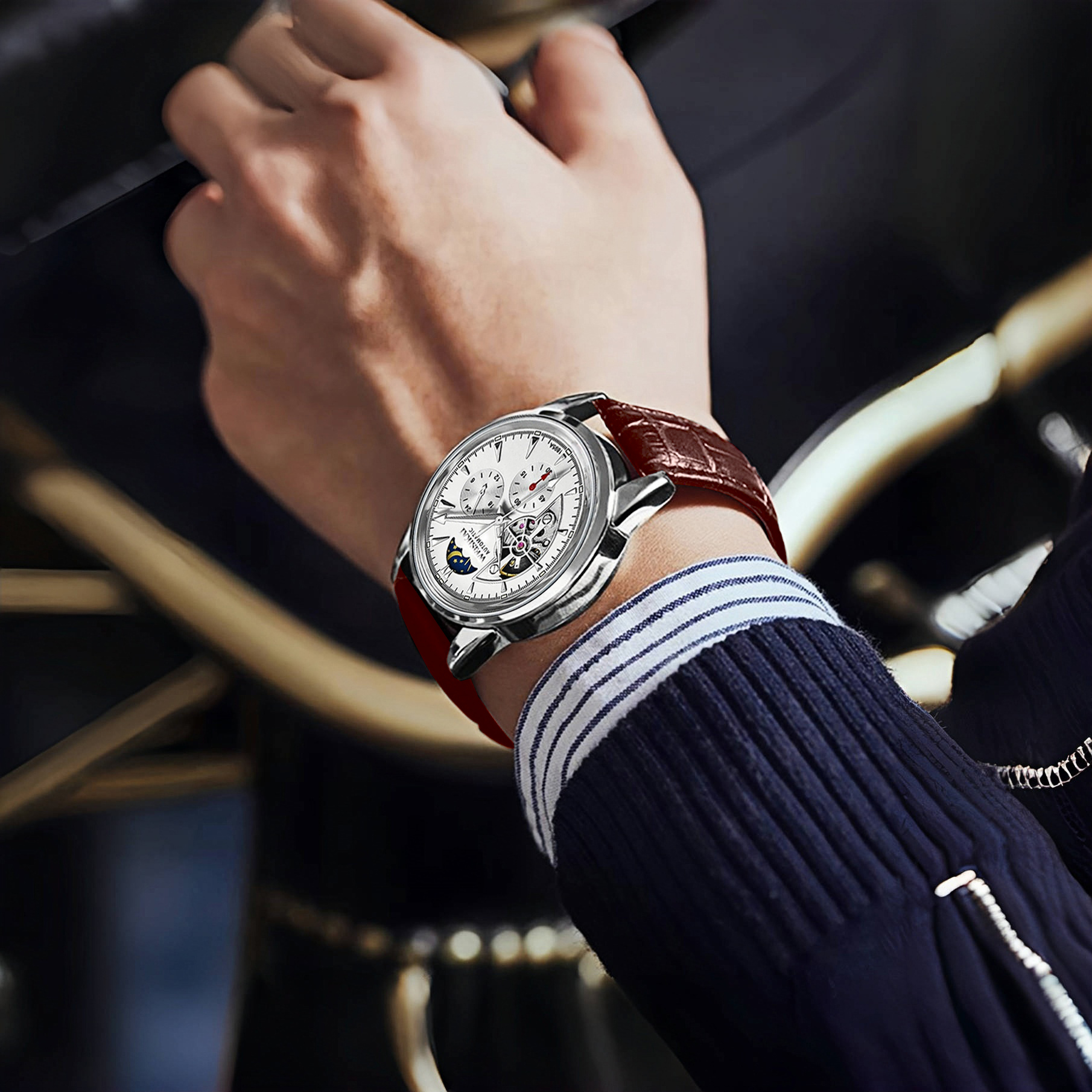 【专柜直发】当新款飞行员全自动机械镂空手表男士夜光防水商务