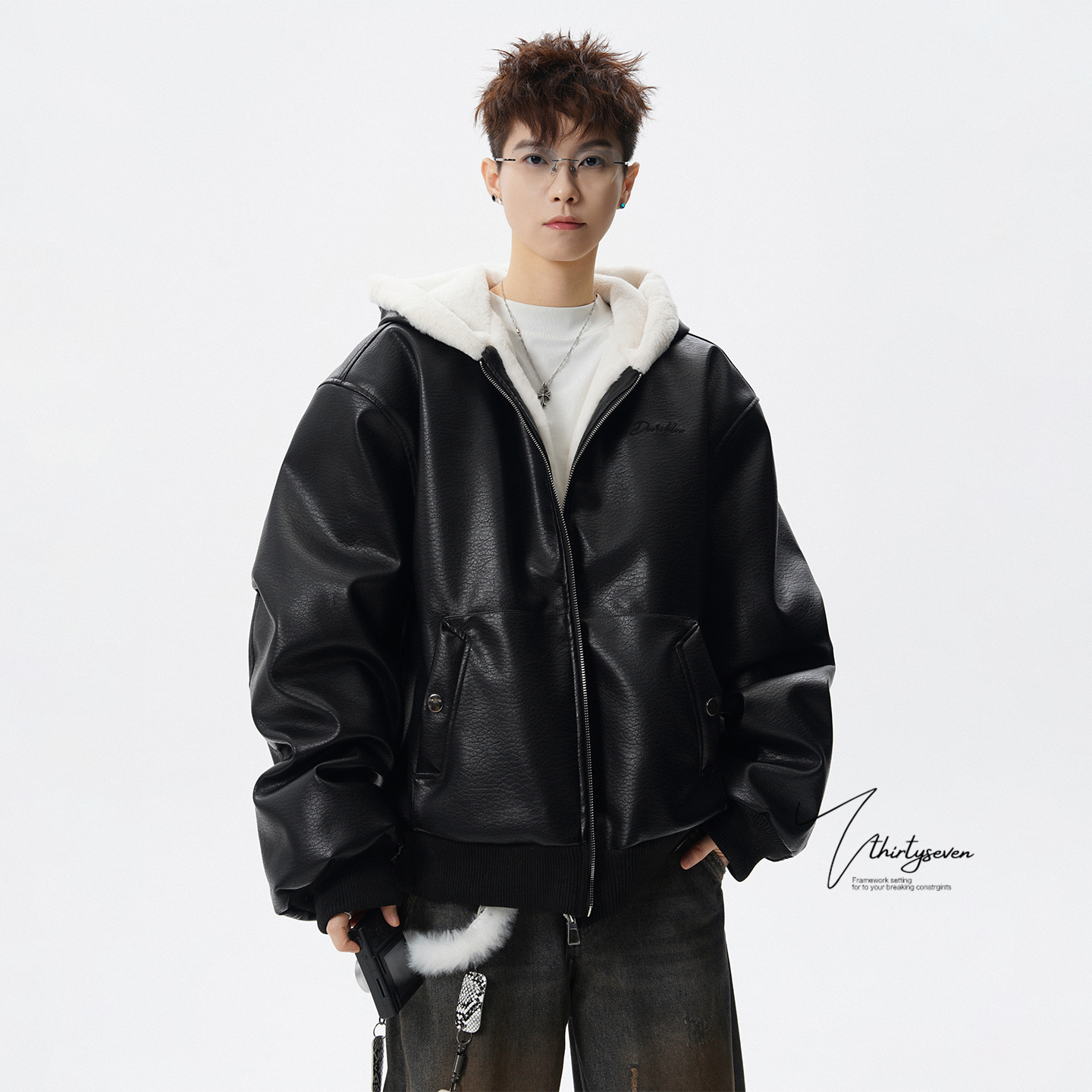 V37重磅高级感羊羔绒加厚棉衣男冬季美式机车风保暖连帽皮棉服